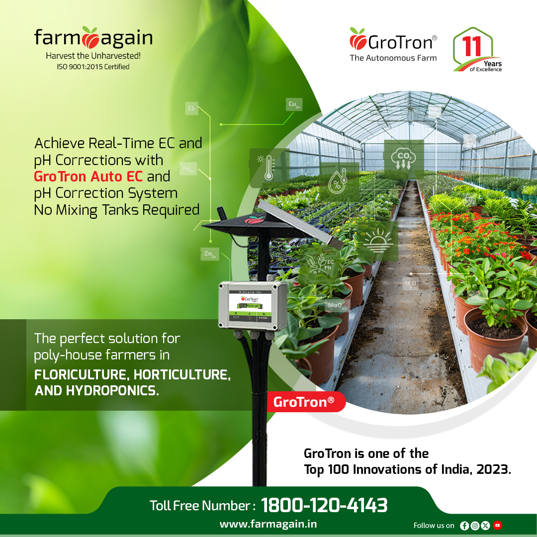 The Ideal Solution for Poly-House Farmers in Floriculture, Horticulture, Hydroponics.#GroTron offers a comprehensive solution designed meet unique needs of these diverse agricultural practices. 

farmagain.in

#Agriculture #Smartagriculture #GroTronTech #Farmagain