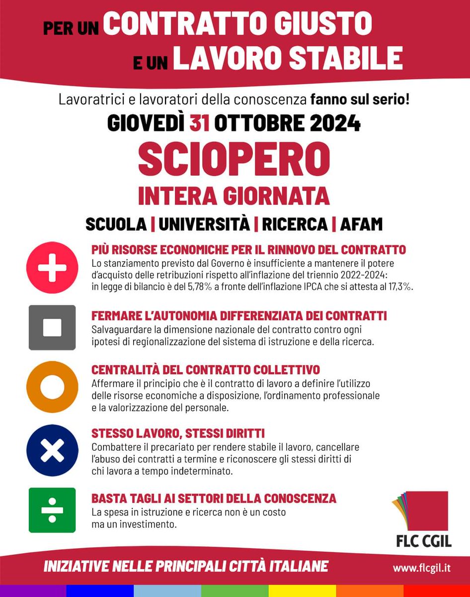 🟥 𝗦𝗖𝗜𝗢𝗣𝗘𝗥𝗢 𝟯𝟭 𝗢𝗧𝗧𝗢𝗕𝗥𝗘: 𝗘𝗖𝗖𝗢 𝗣𝗘𝗥𝗖𝗛𝗘́
Sul nostro sito puoi trovare le notizie e i volantini, settore per settore, con le ragioni dello #sciopero che abbiamo proclamato per giovedì #31ottobre 📣
👉 flcgil.it/tag/sciopero-3…