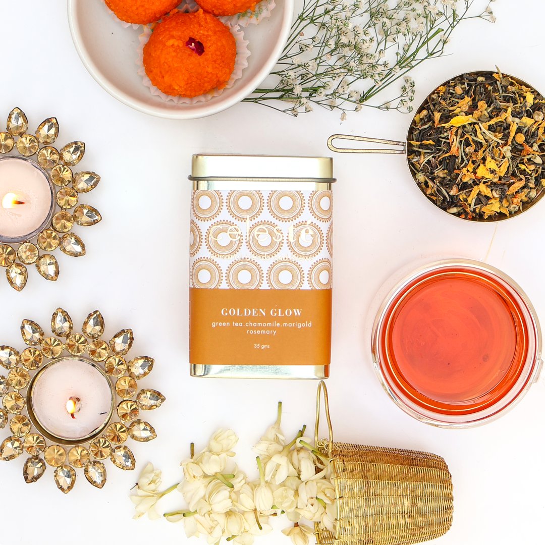 This Diwali, experience the luxury of our Golden Glow tea blend. 🌿✨ Crafted with 100% natural ingredients—chamomile, marigold, and rosemary—this elegant green tea is perfect for those who appreciate the finer moments. Ready to gift a touch of sophistication? DM us to order.