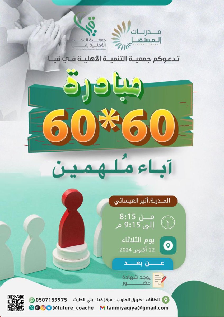 future_coache's tweet photo. #فريق_مدربات_المستقبل 
بالتعاون مع جمعية التنمية الأهلية في قيا @tanmiat_qia 
💡لمبادرة ٦٠ في ٦٠ 
🔻لقاء/ آباء ملهمين     🔻
🎙️المدربة /اثير العيسائي  
🗯️اليو�� / الثلاثاء 
📅التاريخ / 22 أكتوبر2024
🕰️الوقت / ٨:١٥ م الى ٩:١٥م
🔗 رابط التسجيل
https://t.co/Ndh4n7ZZEP 
#دورات_عن_بعد https://t.co/9y2GfKu9XT