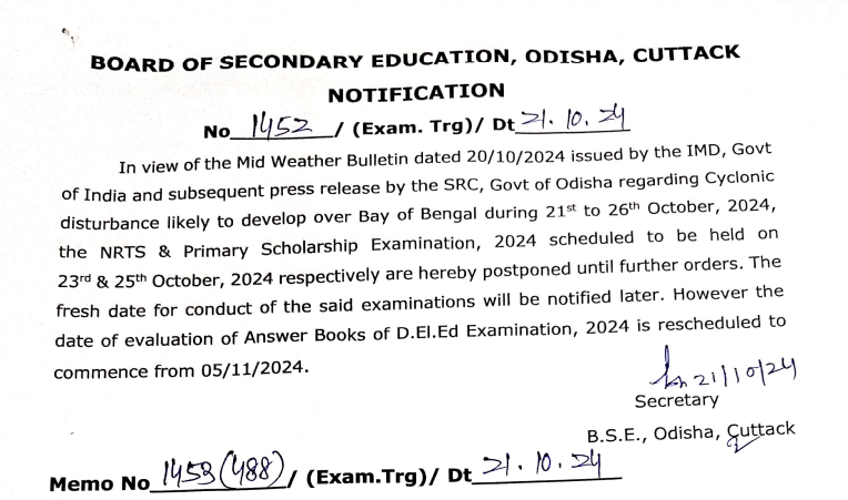 ArgusNews_in's tweet photo. #CycloneDana | NRTS and Primary Scholarship Exam postponed until further orders in view of the impending cyclonic storm
#Odisha #NRTS #Exam https://t.co/4aXyTALecR