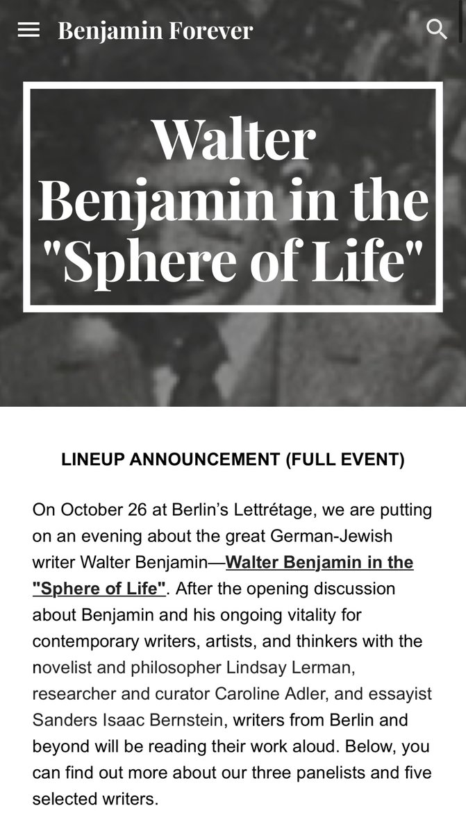 Madeleine Watts (@madeleine_watts) on Twitter photo Berlin friends: I will be reading at this celebration of the work and life of Walter Benjamin Saturday night at Lettrétage, with <a href="/Return2Sanders/">Sanders Isaac Bernstein</a> <a href="/juliabosson/">Julia Bosson</a> @ajbwells and many others!
sites.google.com/view/mayroecke… Berlin friends: I will be reading at this celebration of the work and life of Walter Benjamin Saturday night at Lettrétage, with <a href="/Return2Sanders/">Sanders Isaac Bernstein</a> <a href="/juliabosson/">Julia Bosson</a> @ajbwells and many others!
sites.google.com/view/mayroecke…