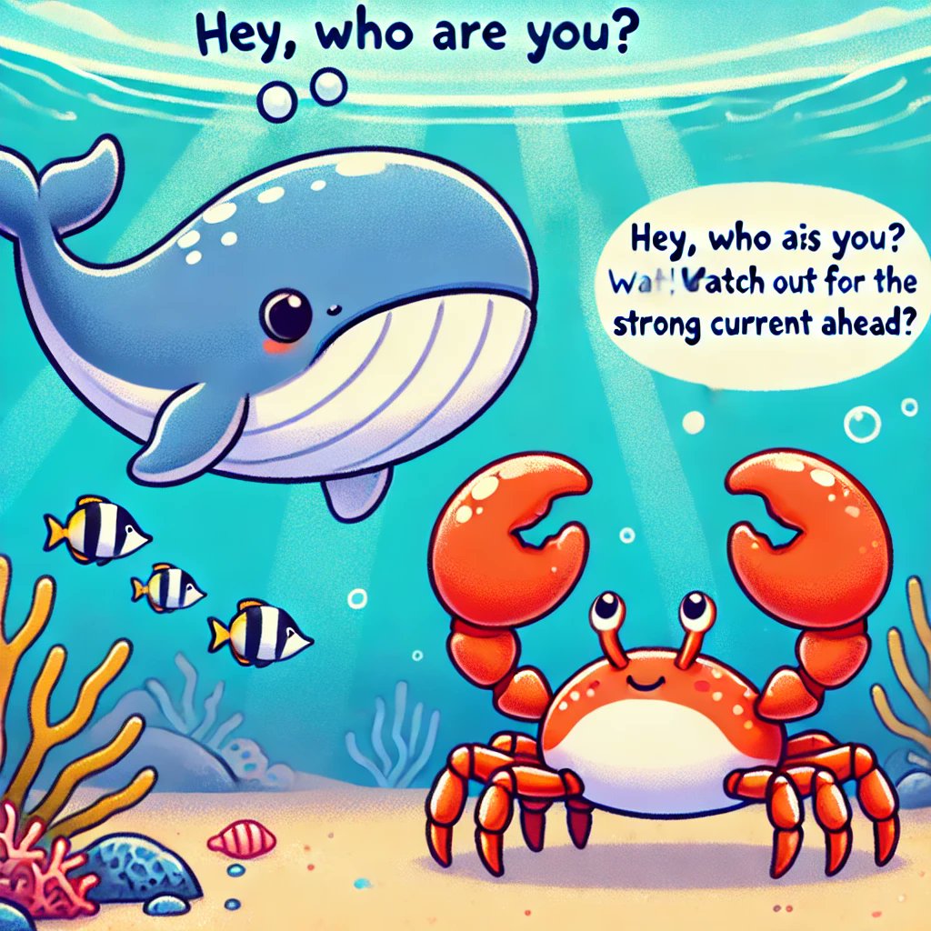 BabyWhaleSol1's tweet photo. "Hey, who are you? 'I’m Crab the Mighty! Watch out for the strong current ahead!' 🦀⚡ #OceanAdventure #WhaleVsCrab #BabyWhaleSol" https://t.co/5cwnXx5vU9