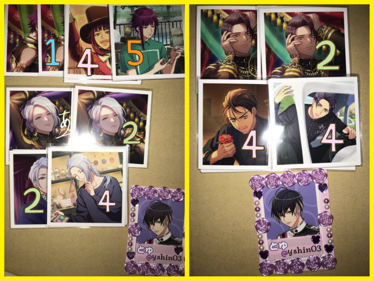 yshin03's tweet photo. 【譲渡】A3! ましコレ VOL.9

譲: *綴 至 *シトロン *天馬 *三角 *一成 *九門 万里 十座 *太一 *臣 左京 *丞 *誉 *東 *ガイ

求:定価(奇数枚の場合1点のみ¥192)+送料

郵送 PayPay
キャラごとのお譲り
*は箔1点有
金額によってリバカお付けします(ガイさんは1点なので絵柄ご相談🙇‍♀️)
箔の交換他ポスト有 https://t.co/ky1Io9q1cQ