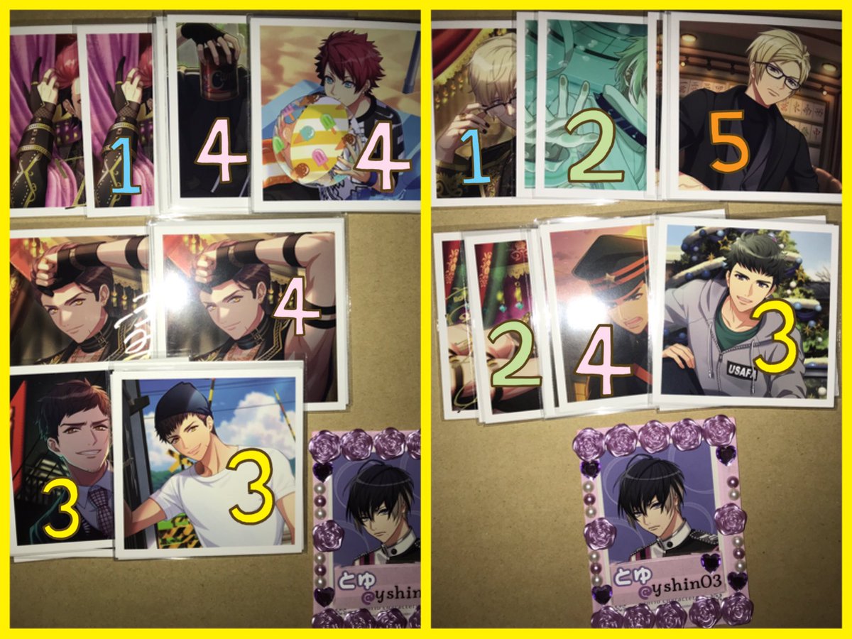 yshin03's tweet photo. 【譲渡】A3! ましコレ VOL.9

譲: *綴 至 *シトロン *天馬 *三角 *一成 *九門 万里 十座 *太一 *臣 左京 *丞 *誉 *東 *ガイ

求:定価(奇数枚の場合1点のみ¥192)+送料

郵送 PayPay
キャラごとのお譲り
*は箔1点有
金額によってリバカお付けします(ガイさんは1点なので絵柄ご相談🙇‍♀️)
箔の交換他ポスト有 https://t.co/ky1Io9q1cQ