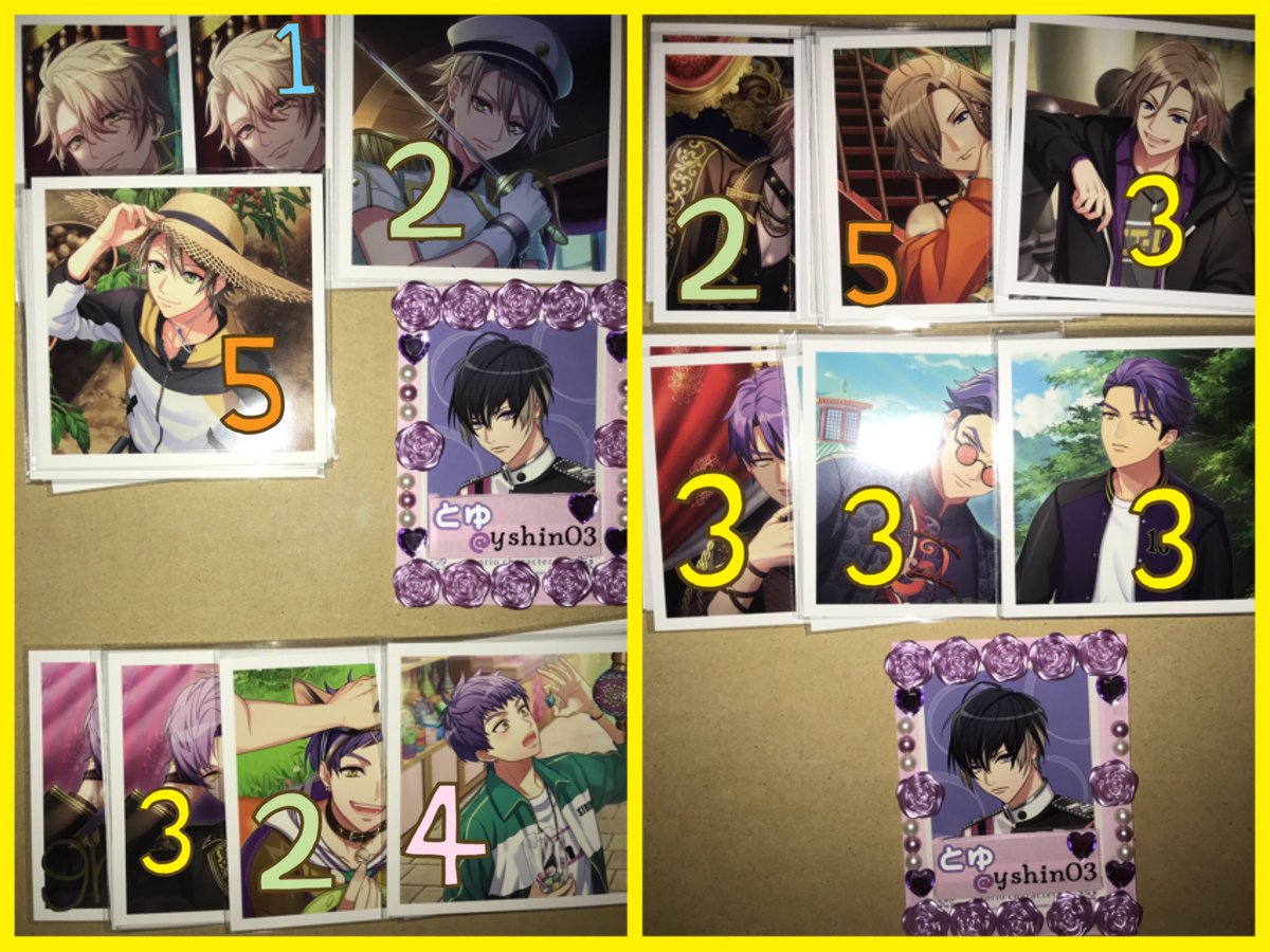 yshin03's tweet photo. 【譲渡】A3! ましコレ VOL.9

譲: *綴 至 *シトロン *天馬 *三角 *一成 *九門 万里 十座 *太一 *臣 左京 *丞 *誉 *東 *ガイ

求:定価(奇数枚の場合1点のみ¥192)+送料

郵送 PayPay
キャラごとのお譲り
*は箔1点有
金額によってリバカお付けします(ガイさんは1点なので絵柄ご相談🙇‍♀️)
箔の交換他ポスト有 https://t.co/ky1Io9q1cQ