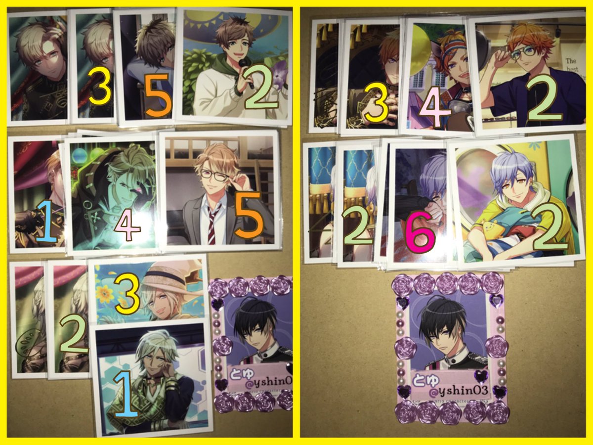 yshin03's tweet photo. 【譲渡】A3! ましコレ VOL.9

譲: *綴 至 *シトロン *天馬 *三角 *一成 *九門 万里 十座 *太一 *臣 左京 *丞 *誉 *東 *ガイ

求:定価(奇数枚の場合1点のみ¥192)+送料

郵送 PayPay
キャラごとのお譲り
*は箔1点有
金額によってリバカお付けします(ガイさんは1点なので絵柄ご相談🙇‍♀️)
箔の交換他ポスト有 https://t.co/ky1Io9q1cQ