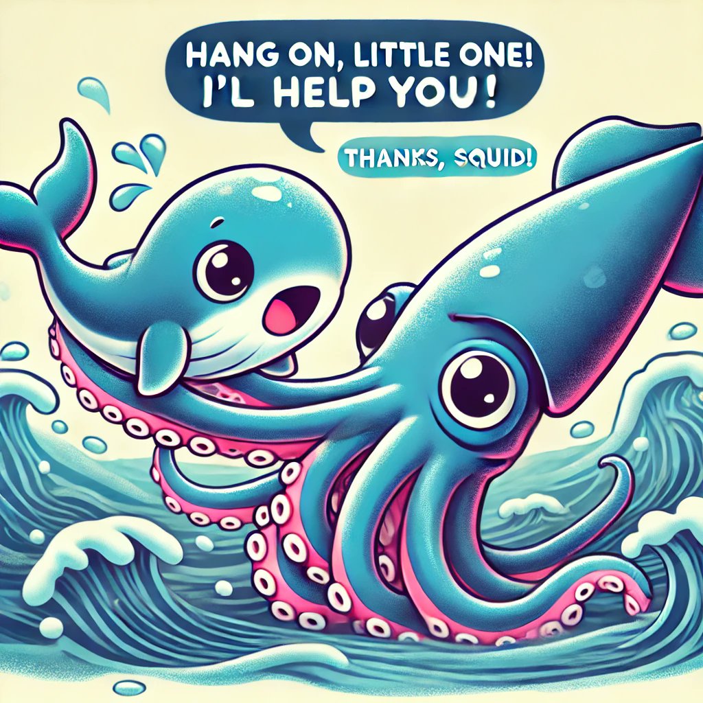 BabyWhaleSol1's tweet photo. "Hang on, little one! 'Thanks, Squid!' 🦑🐋 Teamwork makes the dream work! #WhaleSquad #OceanFriends #BabyWhaleSol" https://t.co/BZtwt6p9WF