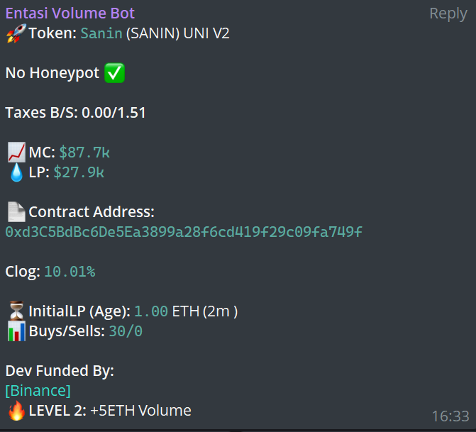entasiBot's tweet photo. A gem discovered by our $ETH bots. $SANIN was detected at 90K marketcap. Current ATH 3.8M !!
Subscribe to Entasi here: https://t.co/Z6DdWISf1T
Entasi for the win!
CA: 0xd3C5BdBc6De5Ea3899a28f6cd419f29c09fa749f
#entasibots #volumetracker #ai #memecoin #ETH #sanin #bullrun #crypto