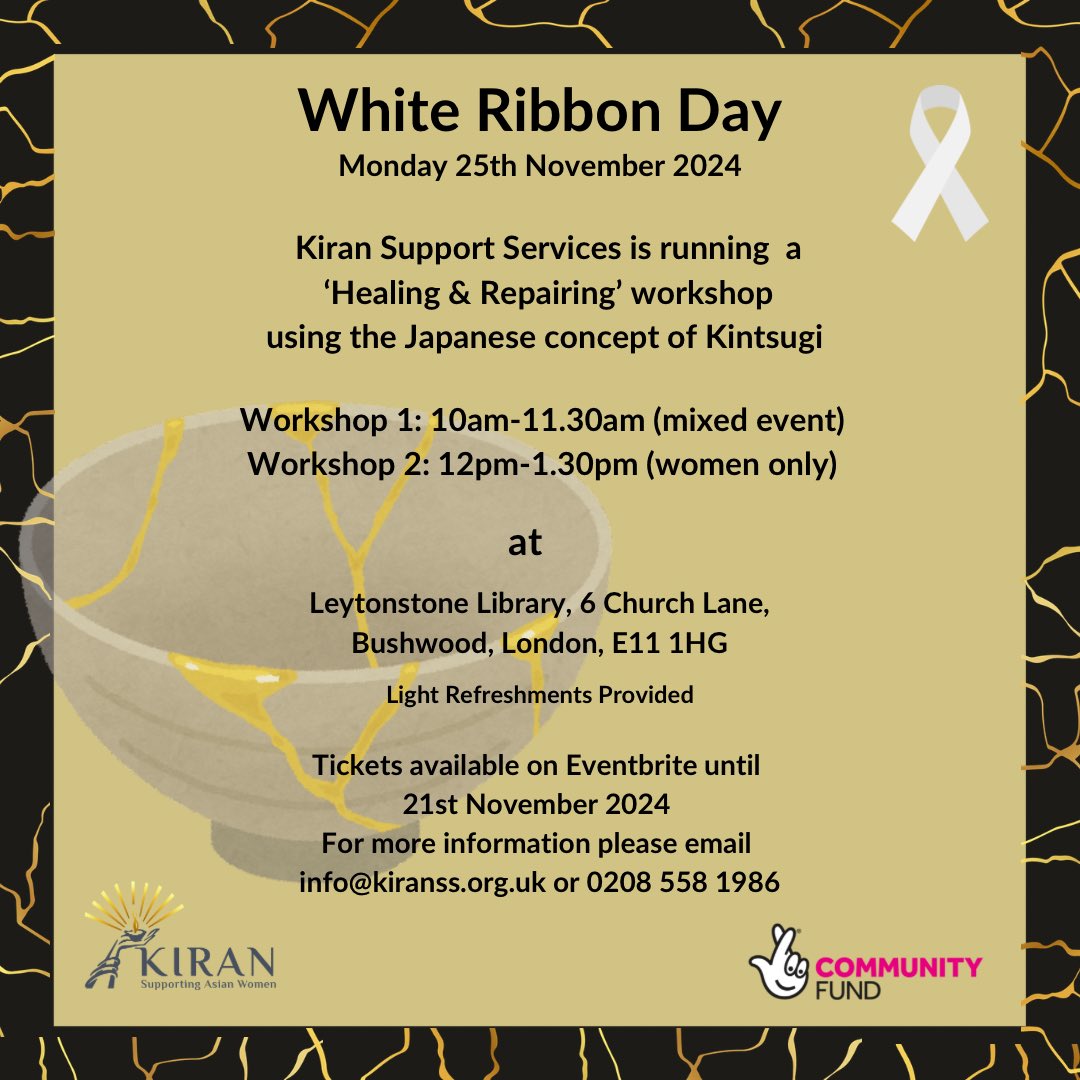 #whiteribbonday 
#kintsugi 

KSSKintsugimixedevent.eventbrite.co.uk

KSSKintsugiwomenonly.eventbrite.co.uk