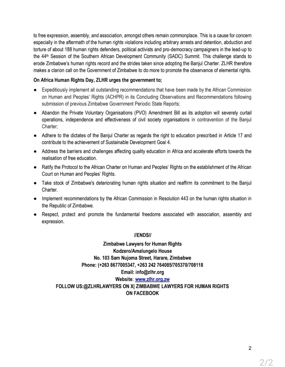 ZLHR (@zlhrlawyers) on Twitter photo Today we join the continent in celebrating Africa Human Rights Day. We call on reforms by African Governments including 🇿🇼an, to promote, protect & respect provisions of African Charter on Human & Peoples' Rights.
<a href="/crisiscoalition/">Crisis in Zimbabwe Coalition</a> <a href="/AfricaDefenders/">AfricanDefenders</a> <a href="/SAHRDNetwork/">SouthernDefenders</a> <a href="/rose_hanzi/">Roselyn Hanzi</a> Today we join the continent in celebrating Africa Human Rights Day. We call on reforms by African Governments including 🇿🇼an, to promote, protect & respect provisions of African Charter on Human & Peoples' Rights.
<a href="/crisiscoalition/">Crisis in Zimbabwe Coalition</a> <a href="/AfricaDefenders/">AfricanDefenders</a> <a href="/SAHRDNetwork/">SouthernDefenders</a> <a href="/rose_hanzi/">Roselyn Hanzi</a>