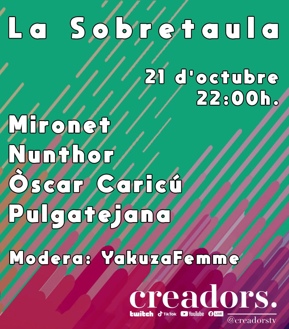 Creadors. (@creadorstv) on Twitter photo Encara amb l'emoció del festival... la nostra activitat no para! Avui al canal de Twitch fem la Sobretaula on en <a href="/mironet20/">Mironet</a> en <a href="/nunthor/">Nunthor</a> l'Òscar de <a href="/familiacaricu/">Família Caricú</a> i en <a href="/pulgatejana/">pulgatejana 🎗️</a> compartiran espai per parlar-nos sobre ells, la vida, i sobretot, per riure! Iep, i amb la moderació Encara amb l'emoció del festival... la nostra activitat no para! Avui al canal de Twitch fem la Sobretaula on en <a href="/mironet20/">Mironet</a> en <a href="/nunthor/">Nunthor</a> l'Òscar de <a href="/familiacaricu/">Família Caricú</a> i en <a href="/pulgatejana/">pulgatejana 🎗️</a> compartiran espai per parlar-nos sobre ells, la vida, i sobretot, per riure! Iep, i amb la moderació