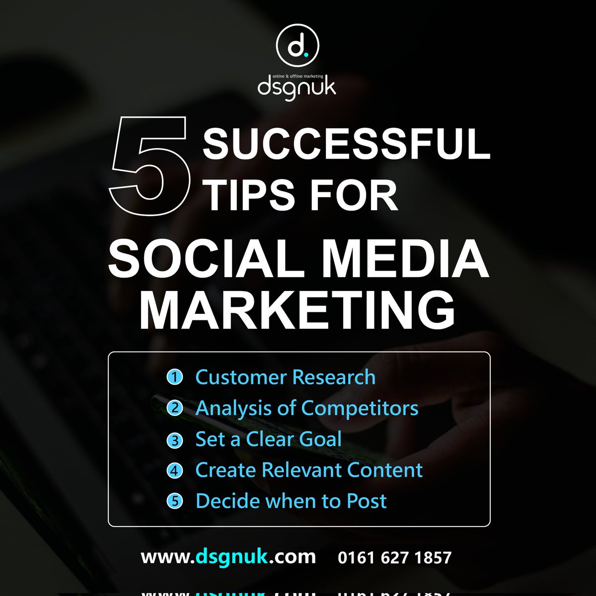 Want to succeed in #Social_Media #Marketing ? 

Here are 5 tips:
1️⃣ Know your audience.
2️⃣ Watch competitors.
3️⃣ Set clear goals.
4️⃣ Share valuable content.
5️⃣ Post at the right times.

Follow these steps to #boost your social media game! #MarketingTips #SocialMediaSuccess
