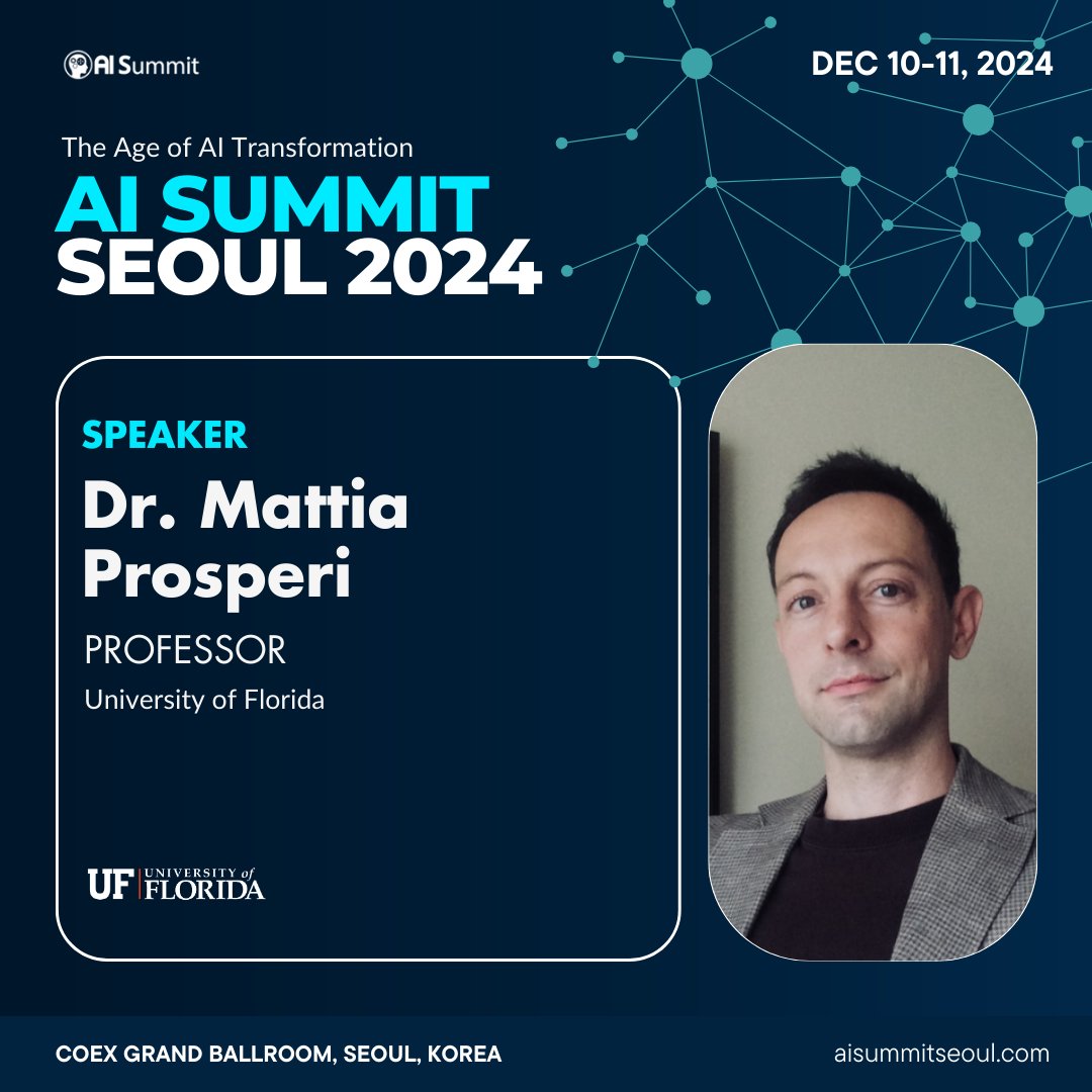 📣 #AISummitSeoul24 Speaker

Introducing Dr. Mattia Prosperi; an Associate Dean for AI and Innovation at the University of Florida.

With a background in computer science engineering and epidemiology, <a href="/MasahikoKim/">Mattia Prosperi</a> develops innovative AI solutions for improving individual and