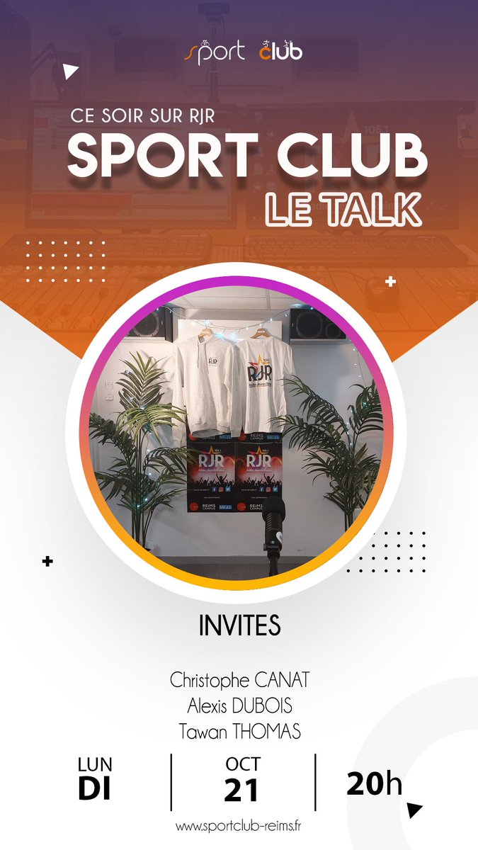 🎙 #RADIO / Le talk de <a href="/sportclub_reims/">Sport Club Reims</a> sur
<a href="/rjrradio/">RJR | Radio Jeunes Reims</a>, c'est aussi pendant les vacancs ! RDV ce soir à 19h pour parler du <a href="/StadeDeReims/">Stade de Reims</a> avec <a href="/lissangel9/">cedric faure</a>.
A 20h, place au talk sport, avec au menu, tennis de table, futsal, short track.

📻 106.1 FM + Twitch &amp; Facebook de Sport Club
