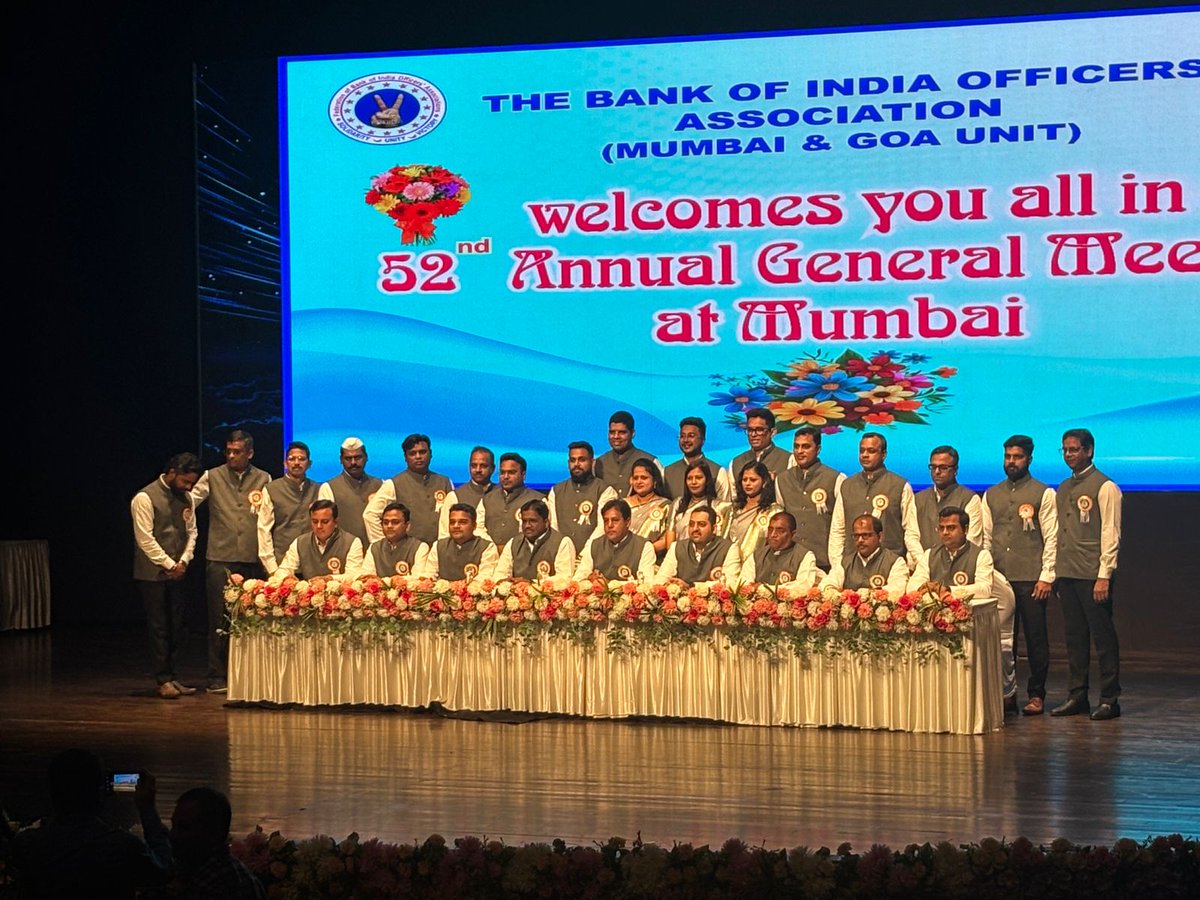 nilesh_pawar15's tweet photo. "Majestic" is truly the word that best captures the essence of the 52nd Annual General Meeting of our @BOIOAMNG which we concluded with great joy. The event was filled with enthusiasm and energy as over 1,100 officers gathered from all corners of Mumbai, Thane, Navi Mumbai, Gujarat FEBO, Raigad, and Goa. Special recognition goes to our comrades from Gujarat FEBO, Raigad, and Goa, whose unwavering presence made a lasting impression.

We were honored to have the august presence of distinguished dignitaries, including FBOIOA President @GaletinageshG, CGM HR Rajesh Ingle Ji, AIBOC Executive Vice President Dilip Sahaji, Chairman @sanjaybpi, Working President @ShvetangT Advisor Sunil Lakraji, GM HR Smt. Shampa Biswas Ji, along with several of our esteemed Federation leaders, Zonal Managers, Deputy General Managers, Deputy Zonal Managers, and Assistant General Managers. We are deeply grateful to them for taking the time from their busy schedules to grace the occasion.

The event was marked by meaningful discussions on critical issues affecting the officers' fraternity, enriched by the engaging exchange of views between the Management and the Trade Union. The clear and thoughtful presentations by all speakers, advocating for the interests of the officer fraternity and the sustainable growth of our institution, undoubtedly inspired attendees to embrace their responsibilities with deeper understanding and commitment.

Words cannot express our gratitude to every individual who attended, despite their personal and professional commitments. A heartfelt cheer and a big salute to our camaraderie, which will only continue to strengthen with each passing day!