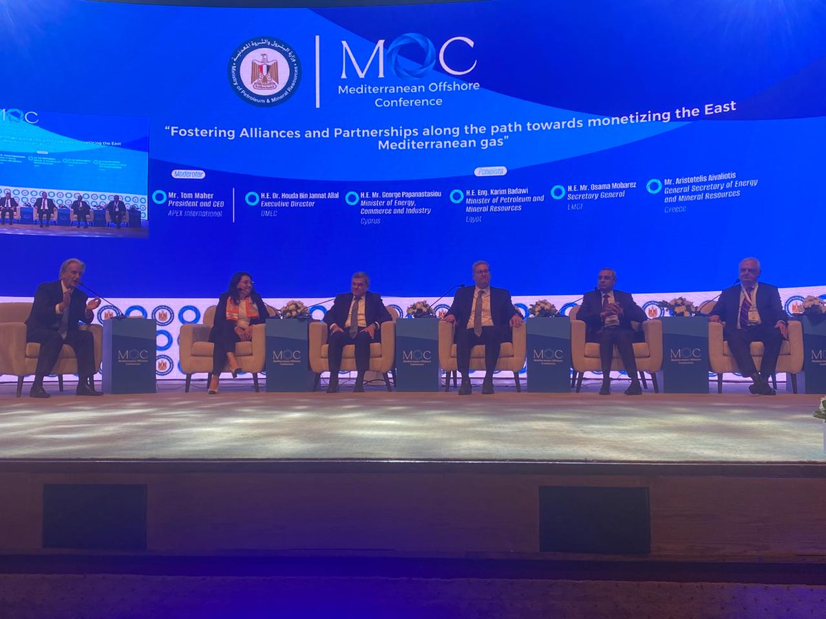 GePapanastasiou's tweet photo. Grateful to #Egypt's #Petroleum Minister Karim Badawi for the hospitality in Alexandria &amp; an insightful #Mediterranean #Offshore #Conference. With our co-panelists, including #EMGF's SG @Osama_Mobarez_, we reiterated the need for cooperation to efficiently monetize #EastMed #gas. https://t.co/uCTWkcTHdg