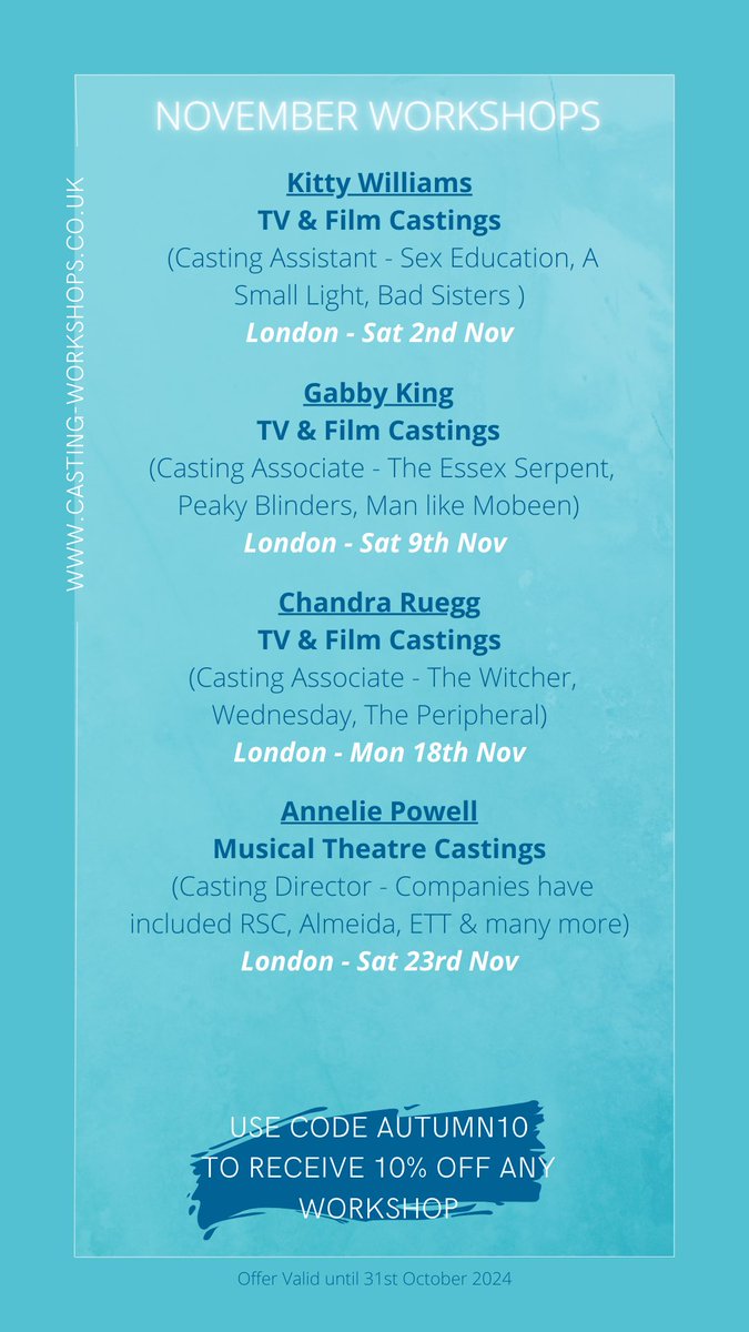 Casting Workshops (@castingworkshop) on Twitter photo We have some awesome workshops coming up next month. Don’t miss our sessions with Kitty Williams (<a href="/kittywilliamss/">Kitty Williams</a>), Annelie Powell (<a href="/AnneliePowell/">Annelie Powell CDG</a>), Chandra Ruegg and Gabby King. 10% discount offer valid until the end of the month. Book now:
tinyurl.com/ycypbm7f We have some awesome workshops coming up next month. Don’t miss our sessions with Kitty Williams (<a href="/kittywilliamss/">Kitty Williams</a>), Annelie Powell (<a href="/AnneliePowell/">Annelie Powell CDG</a>), Chandra Ruegg and Gabby King. 10% discount offer valid until the end of the month. Book now:
tinyurl.com/ycypbm7f