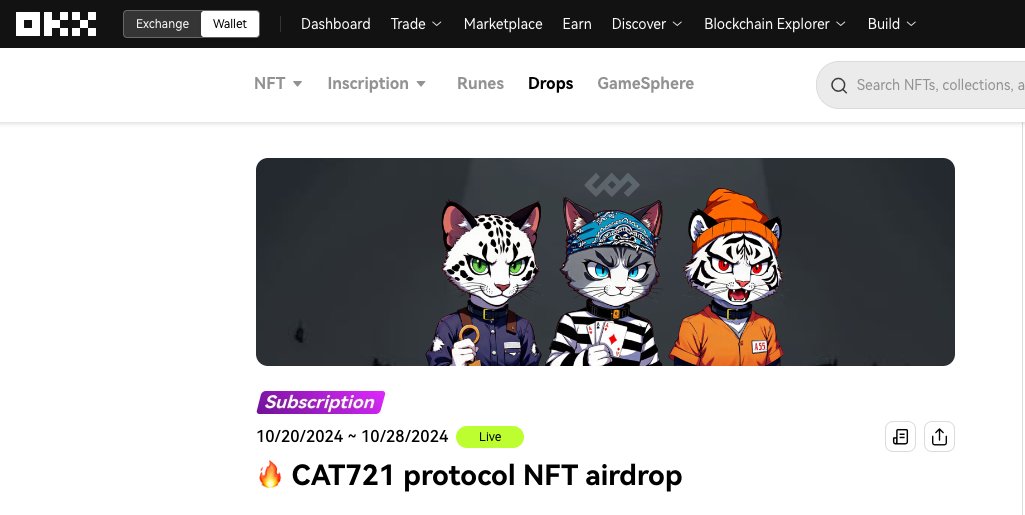 送钱，送钱

OKX Wallet 官宣合作
CAT721 protocol 
希望猛拉盘

送两个CAT721 NFT

1️⃣ 关注 <a href="/okxchinese/">OKX中文</a> @ProtocolCAT <a href="/Mercy_okx/">Mercy</a> 
2️⃣ 赞，转，评 bc1p 开头地址

直接NFT 打到地址里