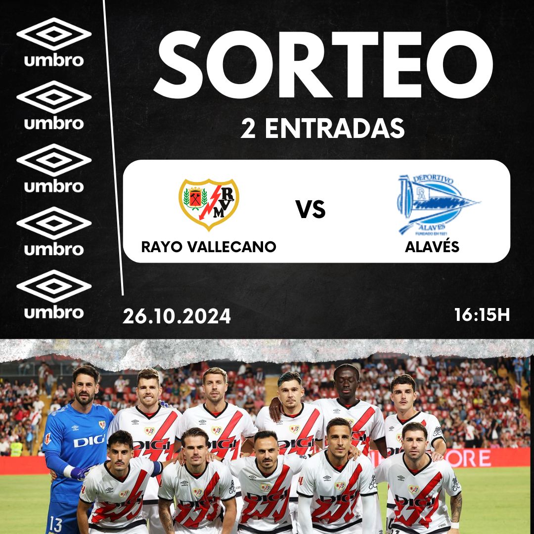 2 entradas para el próximo partido
<a href="/RayoVallecano/">Rayo Vallecano</a>
vs
<a href="/Alaves/">Deportivo Alavés</a>
Para participar: ❤️Like 📷𝑹𝒆𝒕𝒖𝒊𝒕𝒆𝒂  📷Ganador se publicará jueves 24 a las 12:00   #rayovallecano #umbro #futbol #LALIGAEASPORTS
