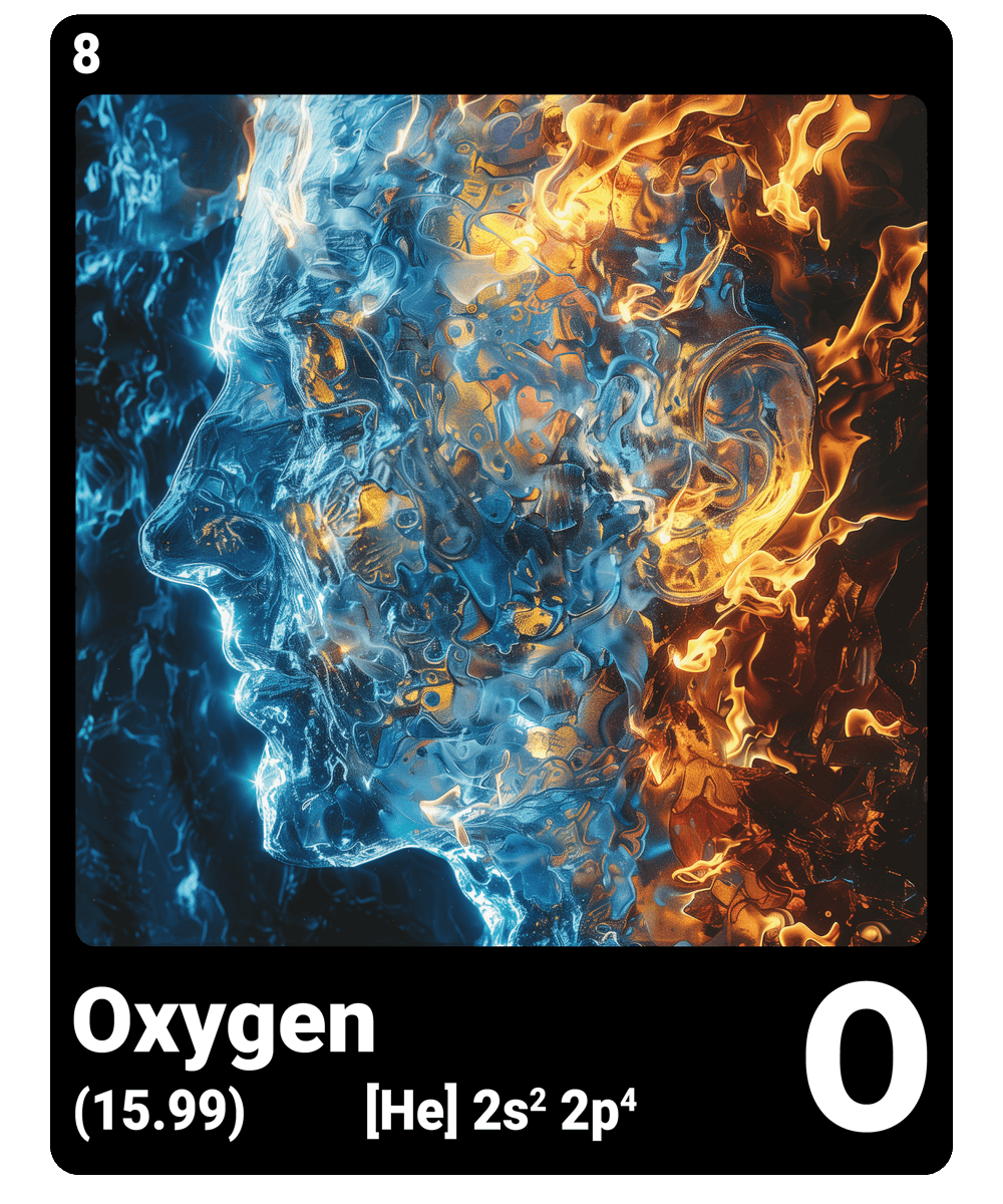 br_AI_king's tweet image. This is what it looks like when AI gives the chemical element #oxygen a face - find all #ChemicalElement in the bio #ScienceArt