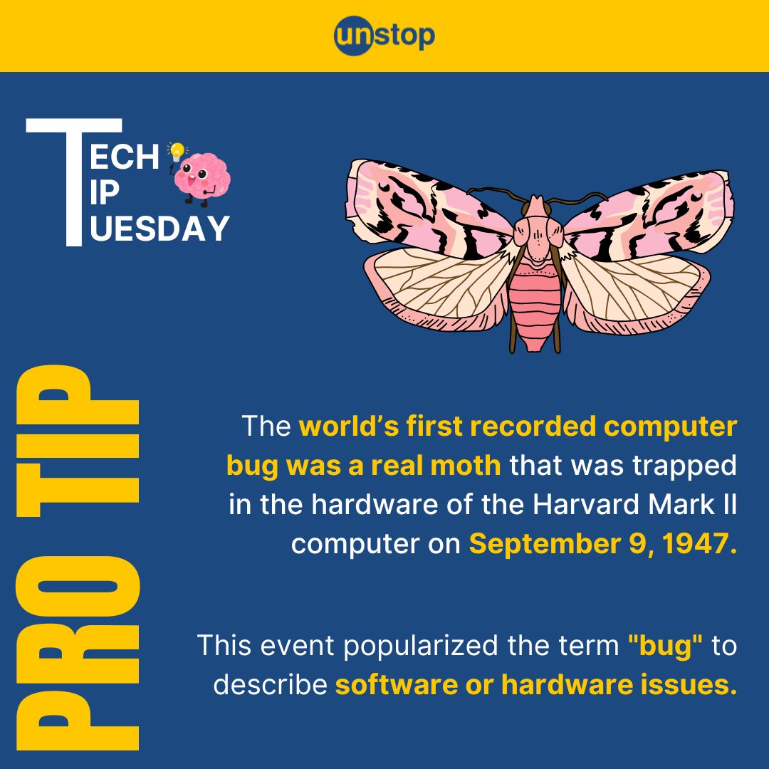 Unstop_World's tweet photo. Do you know how computer bugs got the name?🪲 
Know their history below.  

And learn all about the bug life cycle here👩🏻‍💻: https://t.co/ZPscT30NOr 

#bug #buglifecycle #techhistory #techtip #codebug #programming #trending #technology #fact #Unstop #code https://t.co/3ju78UYRoK