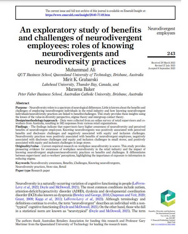 EDI Journal (@edi_journal) on Twitter photo Paper spotlight <a href="/EDI_Journal/">EDI Journal</a>: <a href="/Dr_Md_Ali_Aus/">Muhammad Ali</a>; Mirit Grabarski & Marzena Baker - 'An exploratory study of benefits & challenges of neurodivergent employees: roles of knowing neurodivergents & neurodiversity practices'. See🧵for key takeaways (1/4). Paper: emerald.com/insight/conten… Paper spotlight <a href="/EDI_Journal/">EDI Journal</a>: <a href="/Dr_Md_Ali_Aus/">Muhammad Ali</a>; Mirit Grabarski & Marzena Baker - 'An exploratory study of benefits & challenges of neurodivergent employees: roles of knowing neurodivergents & neurodiversity practices'. See🧵for key takeaways (1/4). Paper: emerald.com/insight/conten…