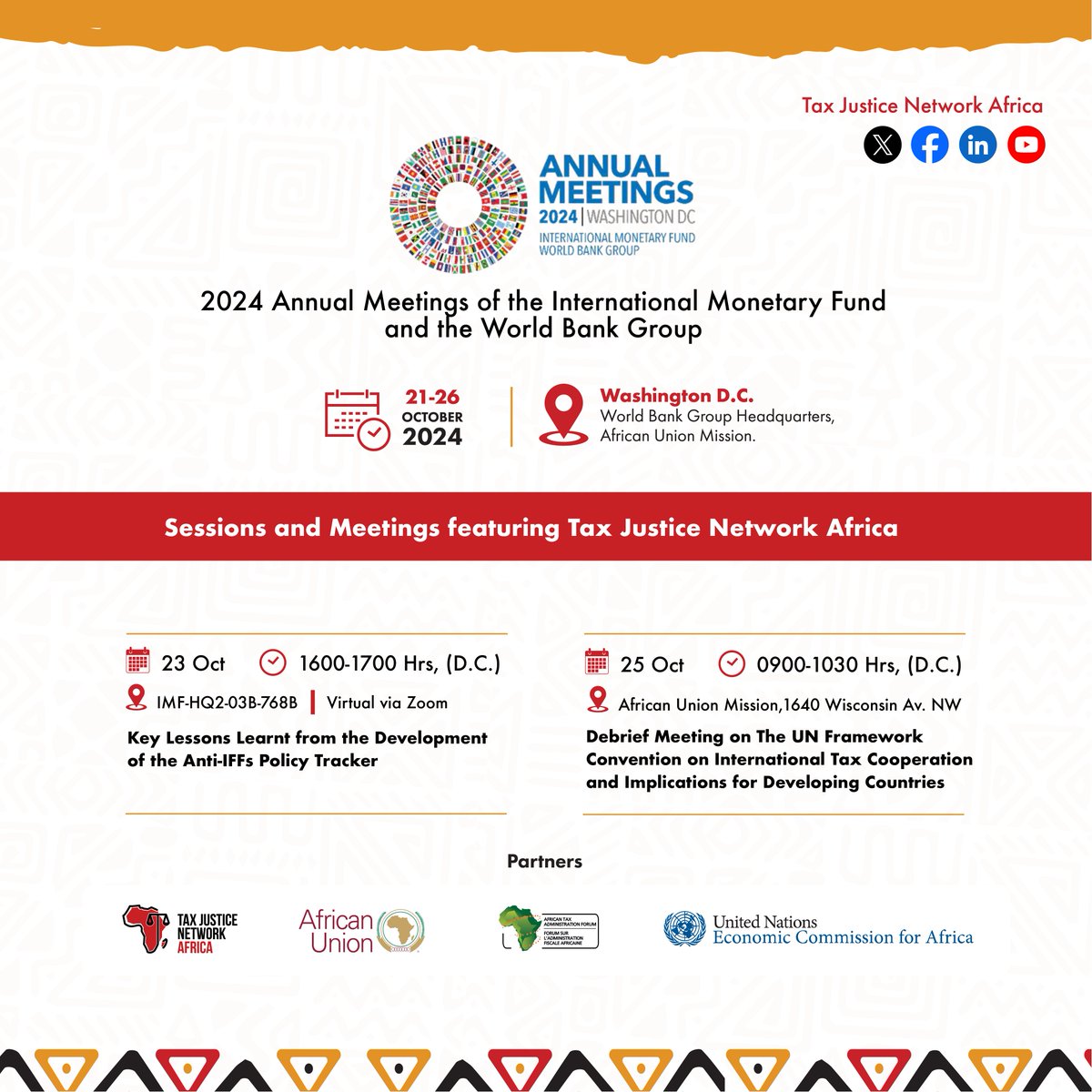 TaxJusticeAfric's tweet image. We will be in Washington D.C., USA for the 2024 Annual Meetings of the @IMFNews and the @WorldBank to continue exploring joint action for Africa’s socio-economic transformation.

🗓️ 21-26 October 2024

Read more: tjna.me/WBAM24

#TaxJusticeAfrica #WBGMeetings…