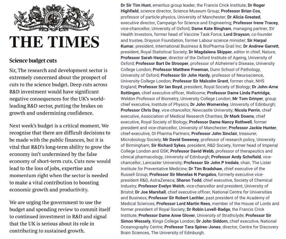Continuing our advocacy ahead of next weeks budget, CaSE and <a href="/SMC_London/">Science Media Centre UK</a> have coordinated a letter to <a href="/thetimes/">The Times and The Sunday Times</a> from eminent figures in UK research and development expressing concerns about potential cuts to the R&amp;D budget ⬇️⬇️
sciencecampaign.org.uk/analysis-and-p…