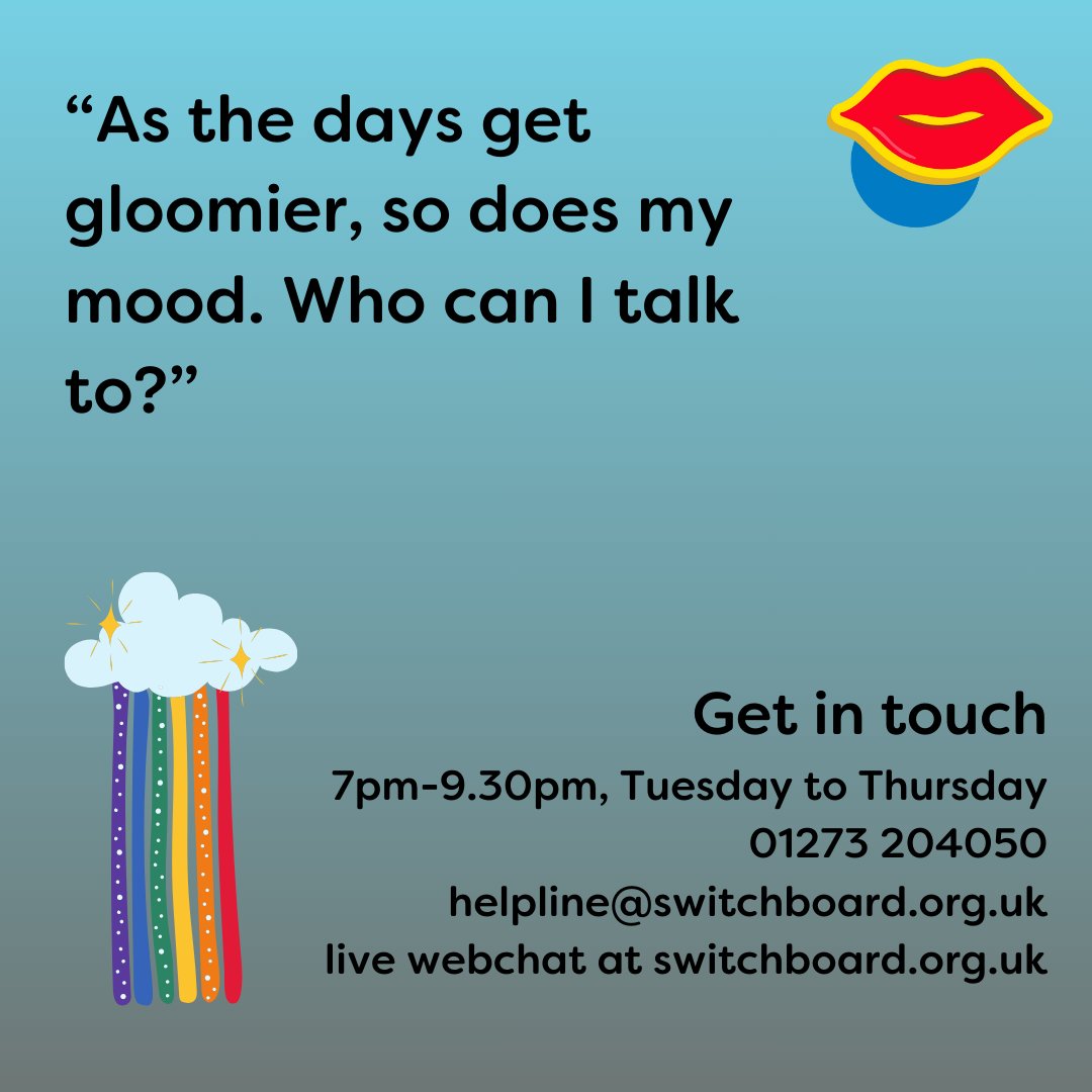 Gloomy weather can often affect our mood and energy levels. How do you look after your mental health when the weather worsens? If you'd like to talk about this topic or anything else, our helpline is open Tuesday-Thursday, 7pm-9.30pm.