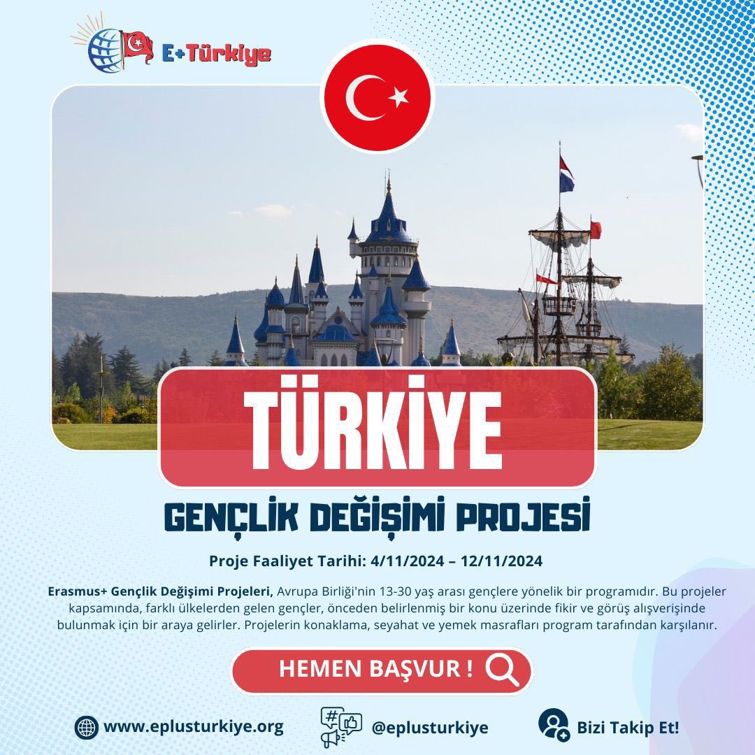 🇹🇷Türkiye Gençlik Değişimi Projesi

📍 Proje Yeri: Eskişehir, Türkiye 

📅 Proje Faaliyet Tarihi: 4/11/2024 – 12/11/2024

🗓️ Son Başvuru Tarihi: Belirtilmemiştir. 

Eskişehir’de gerçekleşecek bu projeyi kaçırma! 👉🏻 eplusturkiye.org/proje/eskisehi…