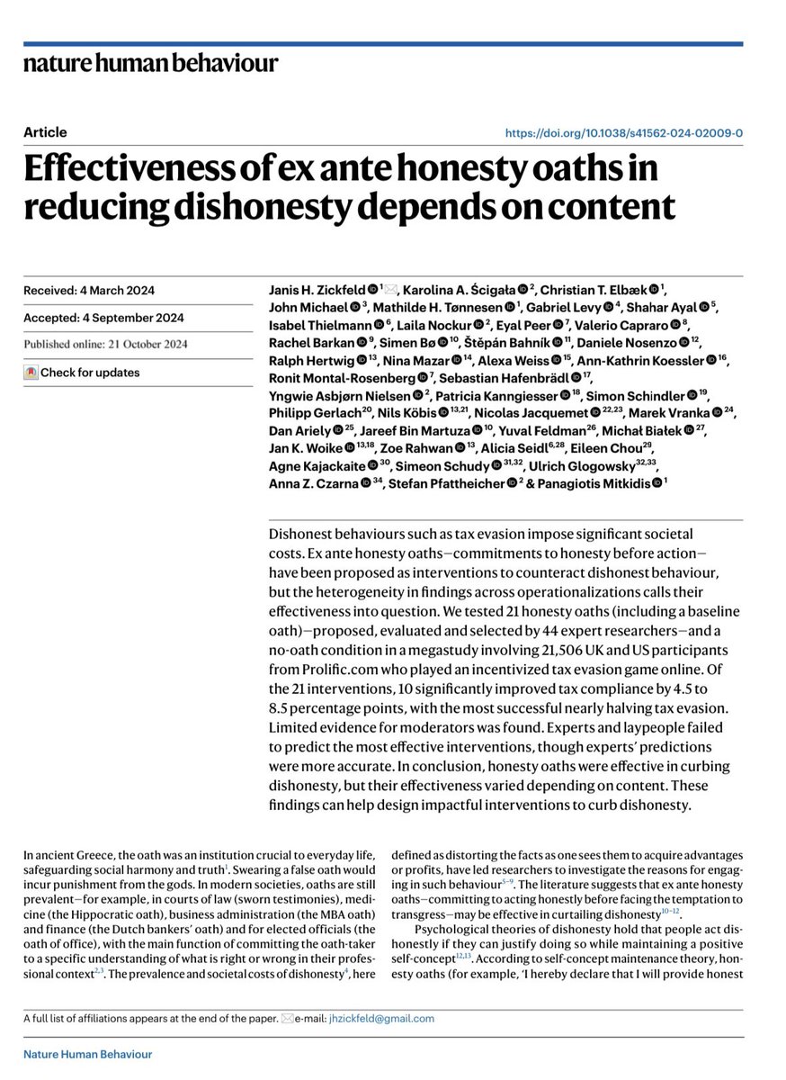Our mega study on the effect of oaths on honesty is out at “Nature Human Behaviour”. 
Thank you @Goatfield2 for leading this project! 

nature.com/articles/s4156…