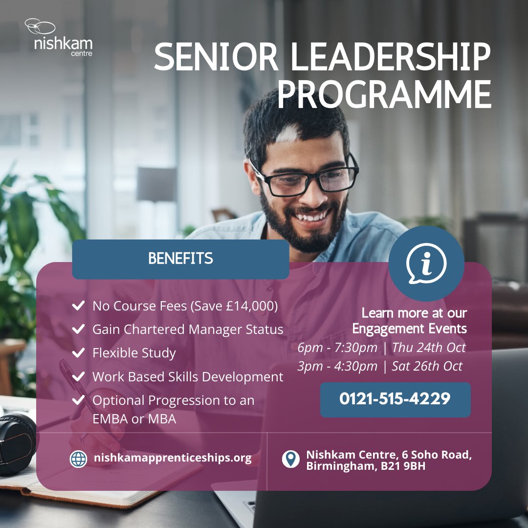 NishkamCentre's tweet image. Unlock Your #Leadership Potential and Gain #CharteredStatus!
Looking to take the next step in your #career without being overwhelmed by #course fees?
Join us at an upcoming event to see how you can access funding for our Senior Leadership Programme👇
forms.gle/bxssoJN8hciWxC…