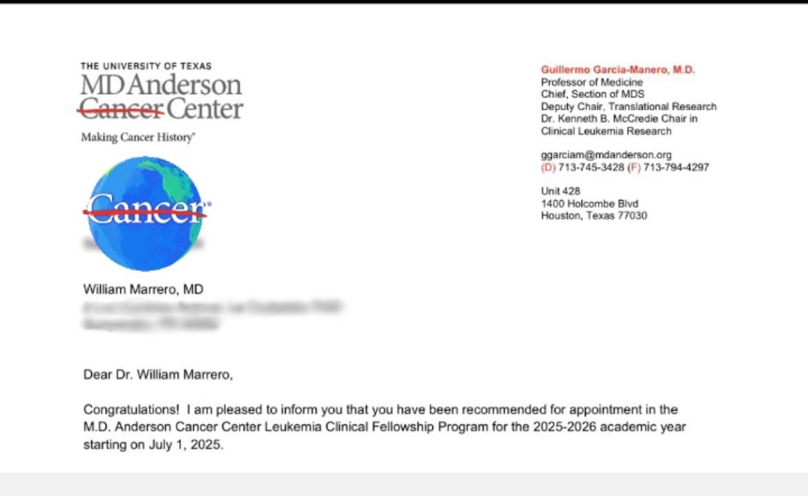 wdmarrero's tweet image. 🩸🩸🚨🚨Exciting news! I’m thrilled to share that I’ve been accepted into the Leukemia fellowship at the prestigious MD Anderson Cancer Center! We’re moving to Houston! 👢👢 #MDAnderson #Grateful #makingcancerhistory #medtwitter #leukemia #fightcancer @MDAndersonNews