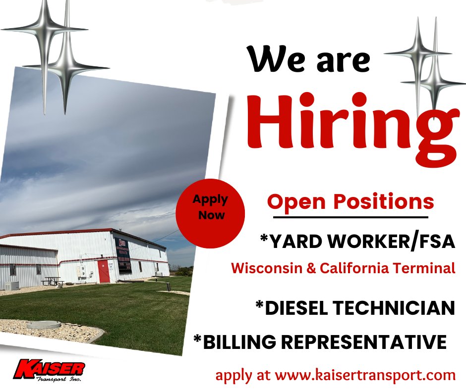 KaiserTransport's tweet photo. #Hiring #Yardworker #FSA #Dieseltechnician #Mechanic #Peterbilts #BillingRepresentative #Accounting #WisconsinJobs #Applynow
Apply now https://t.co/farvIeiBgO https://t.co/7SSVAHhQZs