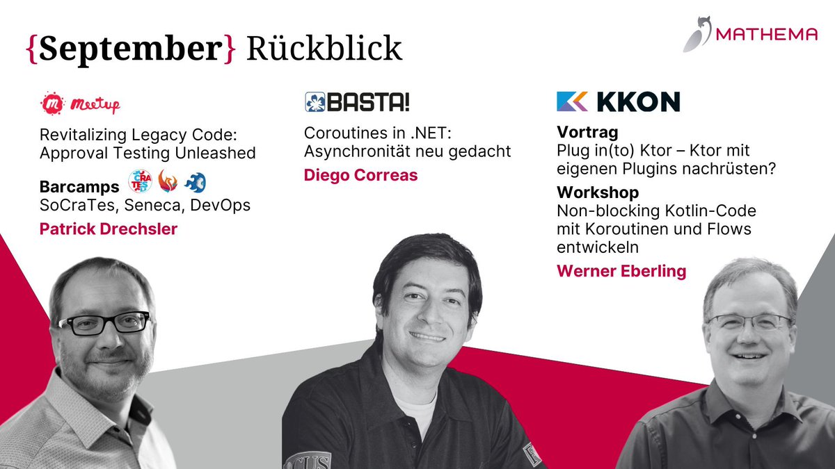 September-Rückblick: Unsere Kollegen unterwegs! 🎤

🔹 @Drechsler als Speaker auf Barcamps und Meet Ups. 
🔹 <a href="/Wer_Eb/">Werner Eberling</a> begeisterte auf der KKON-Konferenz mit einem Vortrag und einem Workshop 
🔹 <a href="/dfcor/">Diego Correa</a> präsentierte auf der BASTA! eine Session über Coroutines

Tolle Sache, Danke 👏