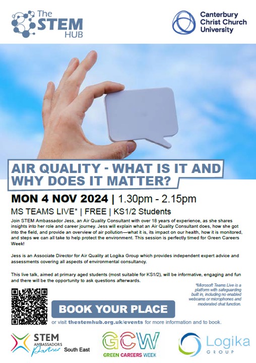 stem4sussex's tweet photo. Join @STEMAmbassadors Jess for live talk during #GCW2024. Hear what an Air Quality Consultant does, an overview of air pollution, its impact on our health, how it's monitored &amp; what you can do to help protect the environment https://t.co/Dvy4DveuxD #Teachers #Primary #schools https://t.co/iPbJI7XmRX