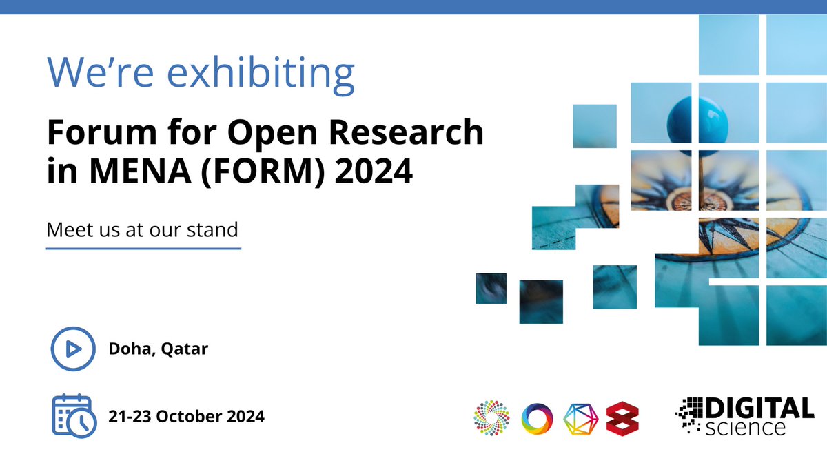 digitalsci's tweet photo. Digital Science & @figshare are excited to be exhibiting at Forum for Open Research in MENA (FORM) during Open Access Week. #OAWeek 🔓 @Form4Open #FORM2024
🗓️ 21-23 October 2024
📍Doha, Qatar
Please join us at our stand!
🔗 https://t.co/ykl35nd6Bg
#OpenResearch #OpenMENA https://t.co/g98r6xV5Pe