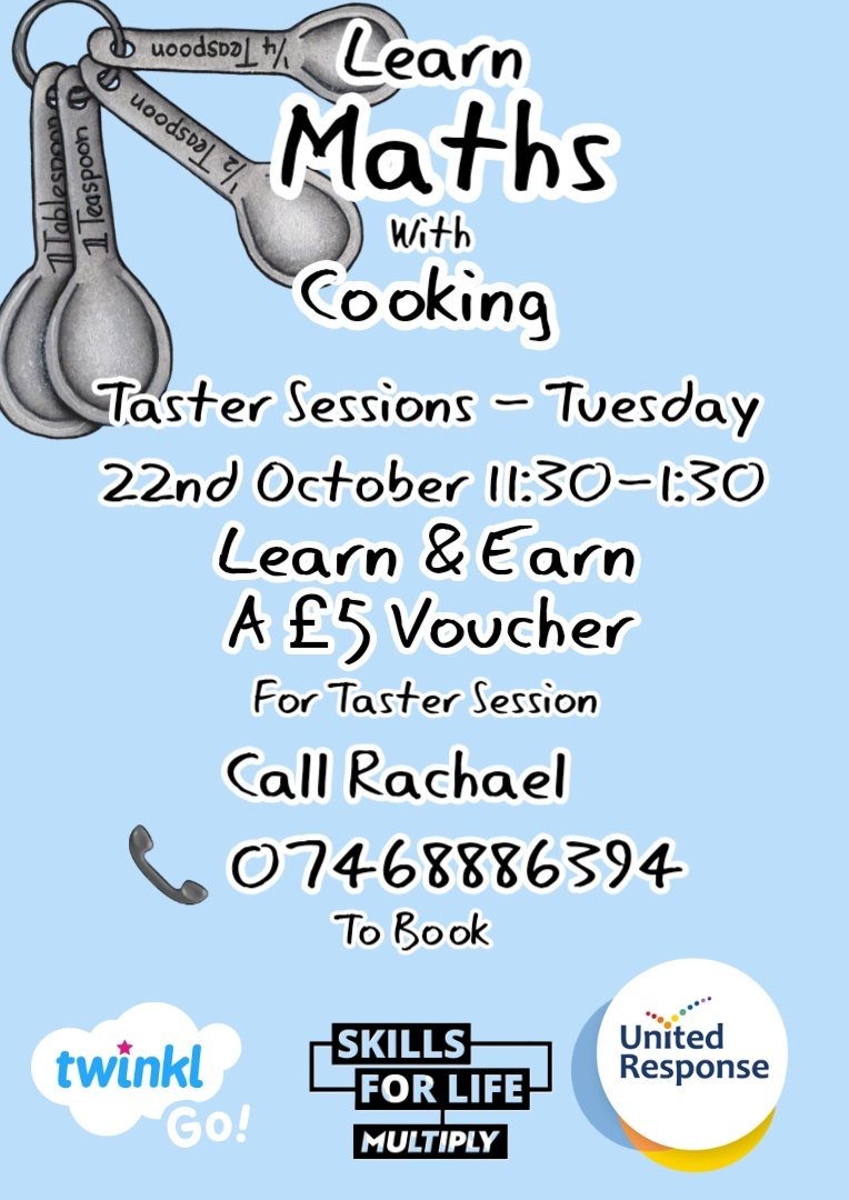 FREE Cooking taster session at United Response (Cheriton) tomorrow - followed by a series of FREE cooking sessions after. (For aged 19 plus)
Please email multiplykent@kent.gov.uk or call 0300 041 2147 if you have any queries
Funded by CLS (Community Learning Skills - part of KCC)