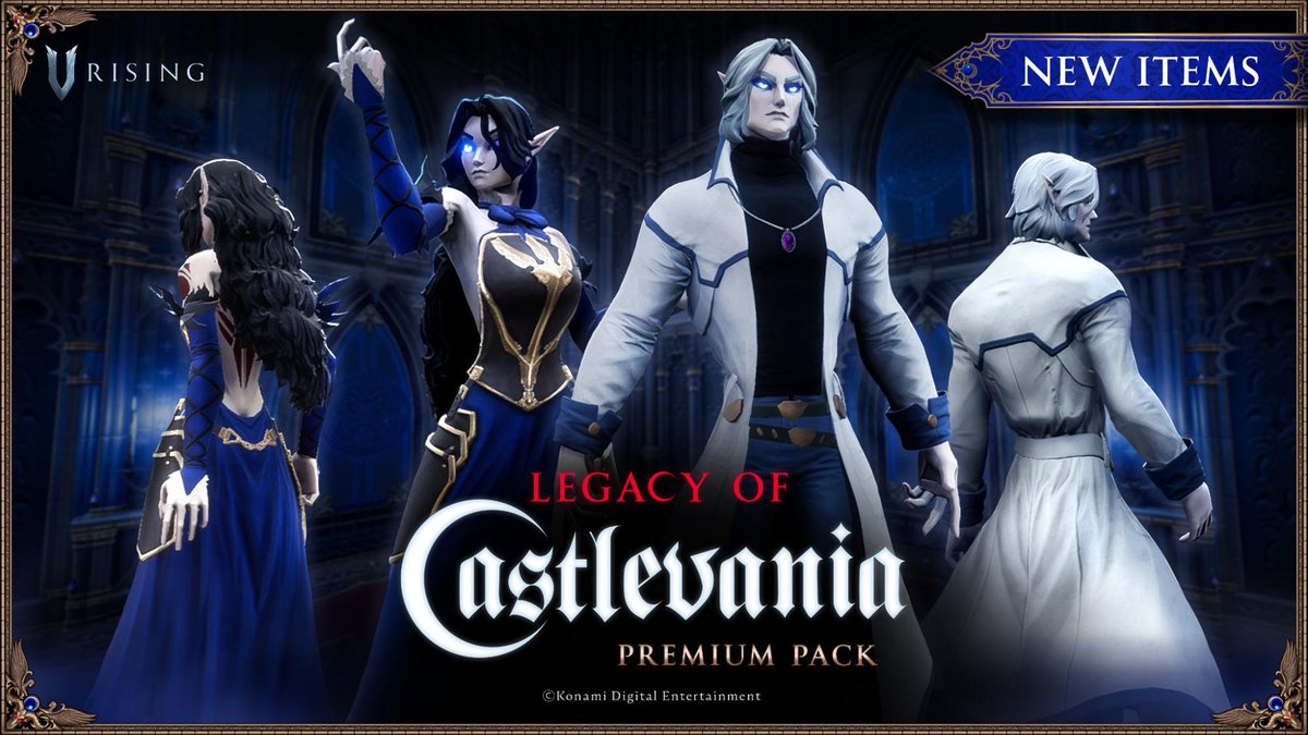 VRisingGame's tweet photo. The Legacy of Castlevania Premium pack FREE update is LIVE NOW! 🧛‍♀️🌑

Celebrate all things Castlevania with us and @KONAMI as we expand on our Legacy of Castlevania Premium Pack with some stylish additions.

Read all about the new items and styles: https://t.co/A4i9UW3C47 https://t.co/IyFxARN199