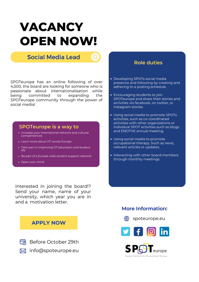 SPOTeurope has a position for you! 

We are looking for our next social media lead! Do you like social media? Are you interested in internationalisation? Do you want to share your ideas with us? 
Apply until the 29th of October and join our team! 
#newvacancy #spot #socialmedia