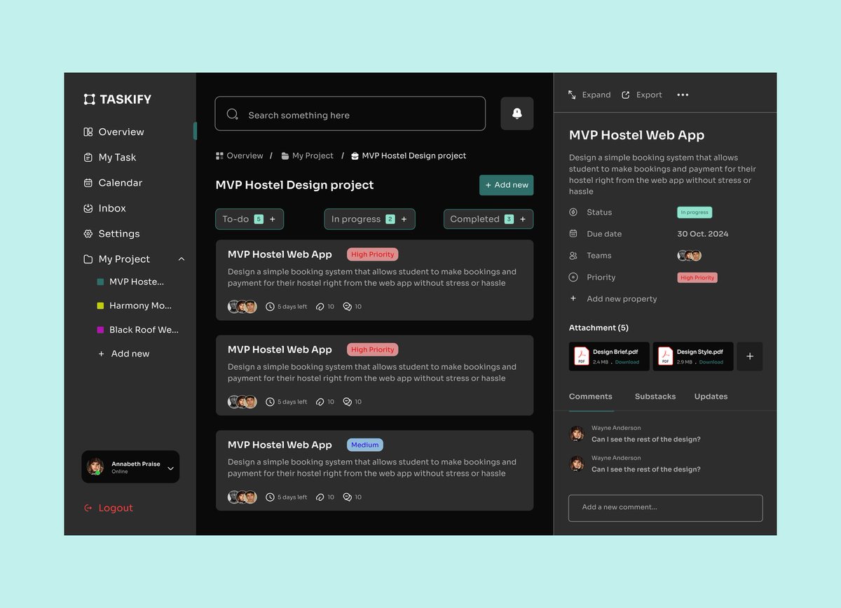 abdulqhowiyy's tweet image. Good morning👋!!! Just wrapped up this sleek task management dashboard to streamline team tasks and boost productivity! 🚀 I&apos;m open to UI/UX design gigs and full-time roles. Let&apos;s collaborate on your next project! 💼 #UIDesign #UXDesign #OpenForWork