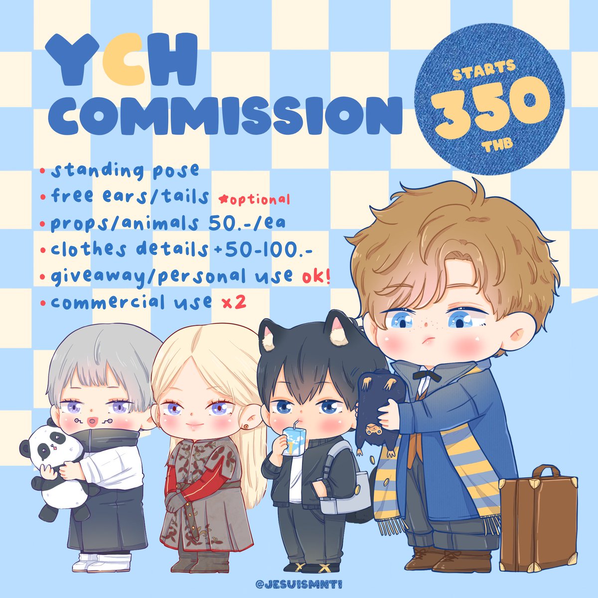 ♡YCH commission ท่ายืน🧳🛋️

「สุ่มแจกคมช 1 คน❣️
รี+ฟอล+เมนชั่นว่าอยากให้วาดใคร🧸
สุ่ม 31 ตค.」

ก้อนละ 350.- 
กอดตุ๊กตาได้ อุ้มสัตว์ได้ ถือของกินได้🙌🏻🧋

จองคิว/สอบถามเพิ่มเติมทาง dm นะคะ 🪽✨

#commissionTH #commissionsopen 
#YCHcommission #รับวาดรูป #mnti_cms