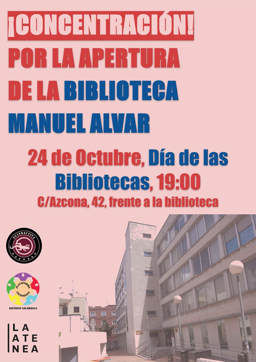 laguindaactiva's tweet photo. Cinco años y medio, más de 2000 días lleva cerrada la Biblioteca Manuel Alvar. Nos sobran las razones para concentrarnos este próximo jueves frente a sus puertas y reclamar un espacio de socialización que nos ha sido arrebatado.
¡Que abran ya la Manuel Alvar! https://t.co/hkbhXa0TlD