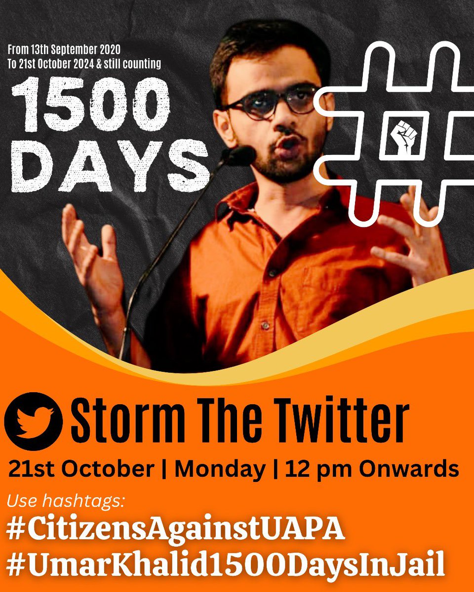 Jayati1609's tweet photo. What does it say about a judicial system when a young scholar is jailed without cause and without bail for 1500 days, because judges find excuses not to hear his case? #CitizensAgainstUAPA #umarkhalid1500daysinjail https://t.co/XtUEM0mdIl