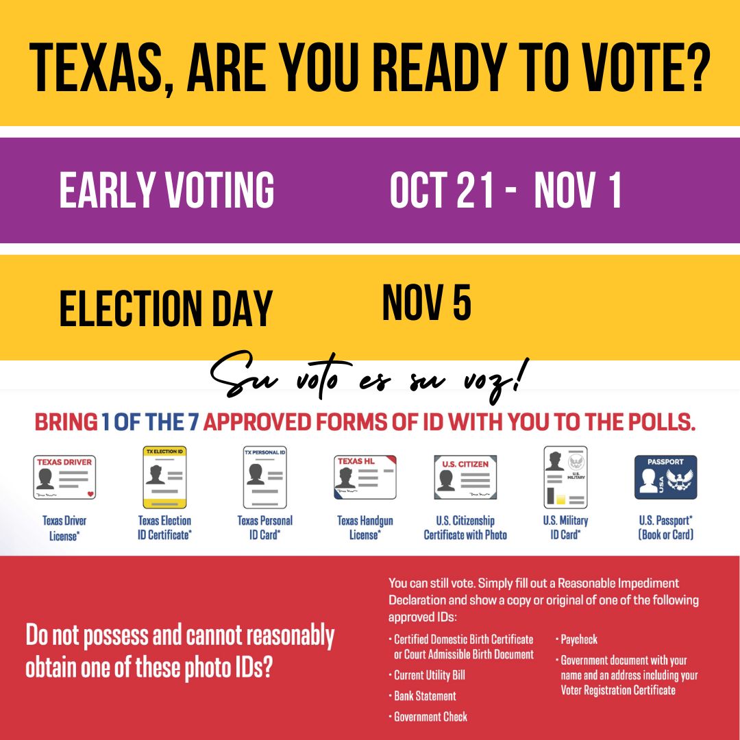 Hola Texas! Are you ready to vote? Early voting starts today &amp; runs through Nov. 1st. What better way to honor your antepasados than by voting? Remember, you need an ID! Get more information at votetexas.gov or your county election office.

🗳️ Su voto es su voz! 🗳️