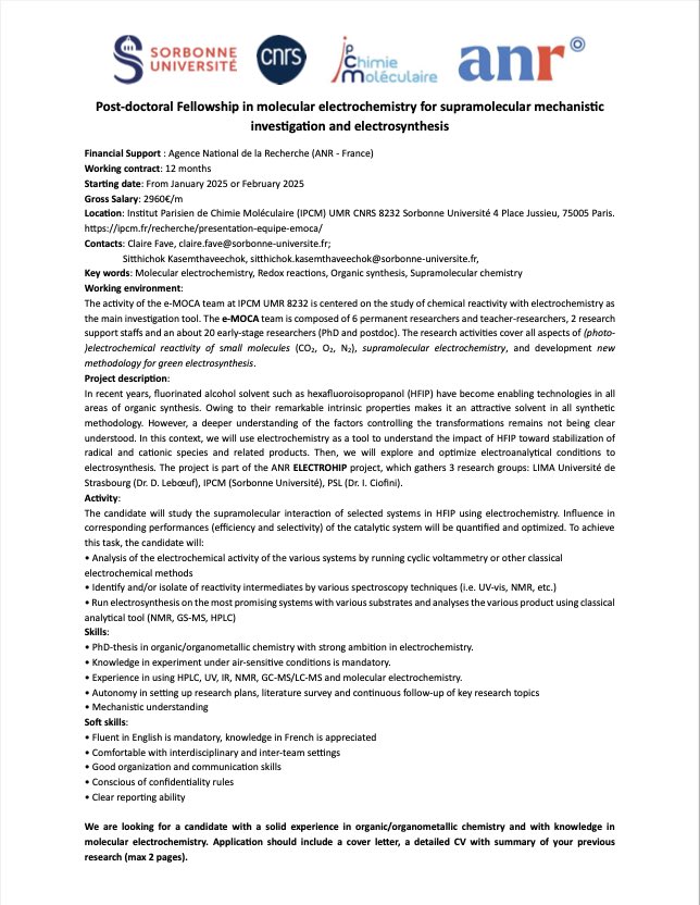 eMOCA@IPCM (@emoca_ipcm) on Twitter photo 📢 We are hiring‼️ One #postdoctoral position available in the supramolecular electrochemistry and electrosynthesis. Don't miss the opportunity to join us! Check details👇 and please RT! <a href="/eMOCA_IPCM/">eMOCA@IPCM</a> <a href="/IPCM_Sorbonne/">Institut parisien de chimie moléculaire / IPCM</a>
#electrochem #AcademicTwitter #postdocjobs #chemtwitter 📢 We are hiring‼️ One #postdoctoral position available in the supramolecular electrochemistry and electrosynthesis. Don't miss the opportunity to join us! Check details👇 and please RT! <a href="/eMOCA_IPCM/">eMOCA@IPCM</a> <a href="/IPCM_Sorbonne/">Institut parisien de chimie moléculaire / IPCM</a>
#electrochem #AcademicTwitter #postdocjobs #chemtwitter
