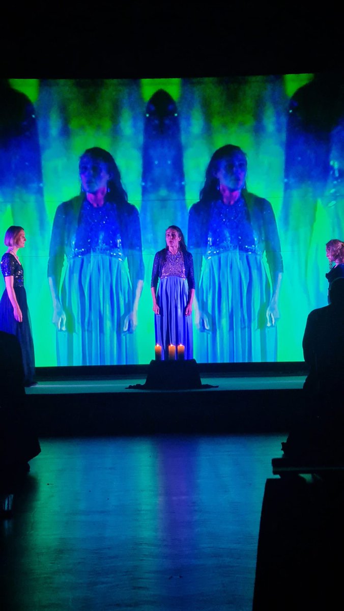 Voicetrio's tweet photo. Thank you to @BREMF for having us back to perform our Hildegard Transfigured programme twice last night. Wonderful visuals @inner_strings and lighting @DragonflyLTG and fabulous audiences! #hildegard #women #visuals #music #live #livinglight #drones #mesmeric https://t.co/JXPTMbgvn7