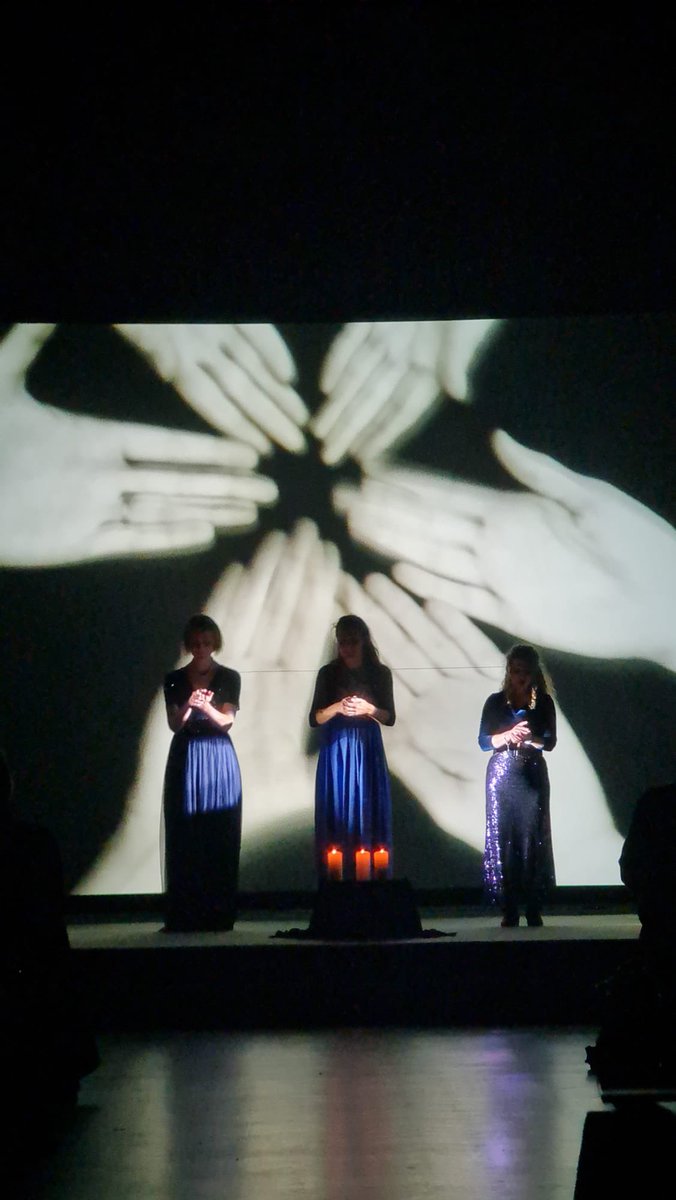 Voicetrio's tweet photo. Thank you to @BREMF for having us back to perform our Hildegard Transfigured programme twice last night. Wonderful visuals @inner_strings and lighting @DragonflyLTG and fabulous audiences! #hildegard #women #visuals #music #live #livinglight #drones #mesmeric https://t.co/JXPTMbgvn7