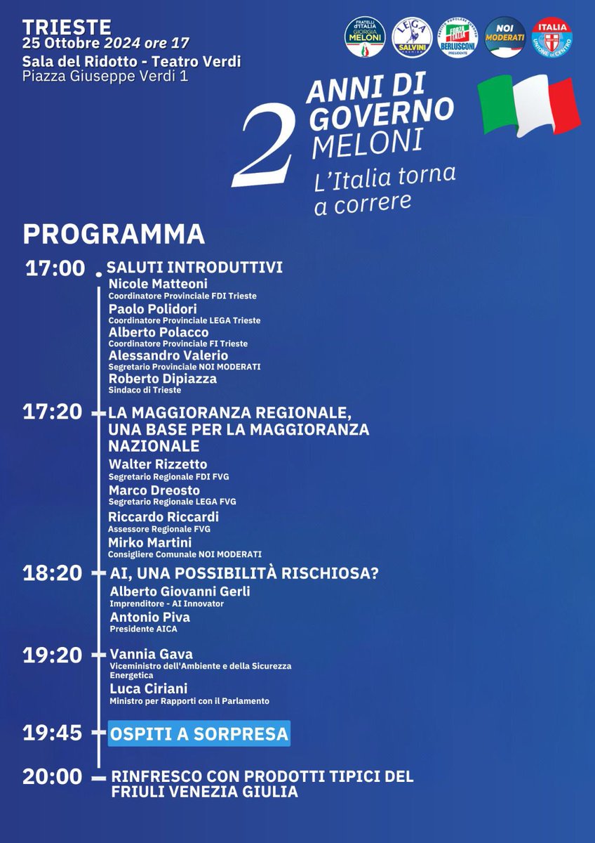 🗓️ venerdì 25 ottobre ore 17.00
Teatro Verdi #Trieste
"Due anni di Governo"    
TUTTA LA CITTADINANZA E' INVITATA!!!